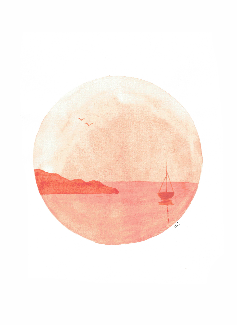 Watercolor landscape, featuring mountains and sea
